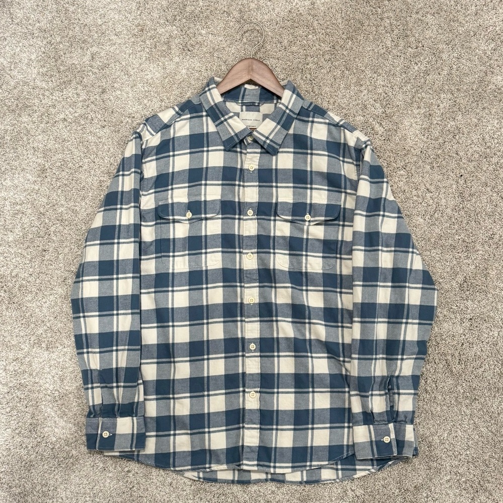American Eagle Outfitters Blue and Cream Super Soft Checkered Shirt Mens XXL